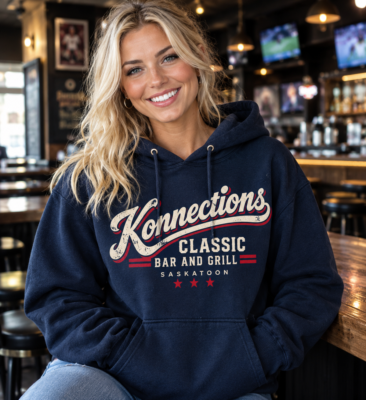 Mens and Womens Navy Retro Konnections Classic Bar and Grill Hoodie