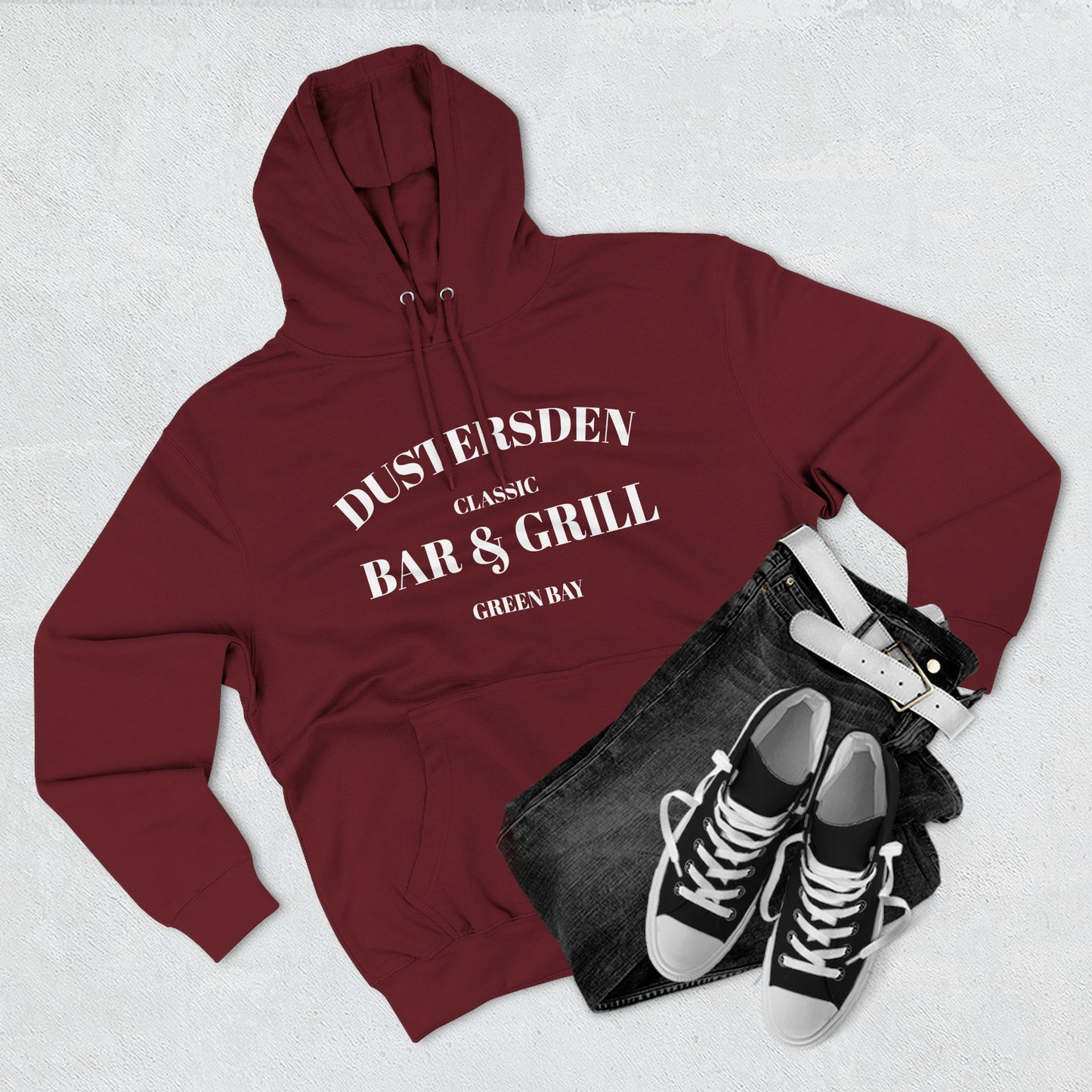 Dustersden Classic Bar and Grill Green Bay Hoodie — Minimal Logo Fleece Pullover