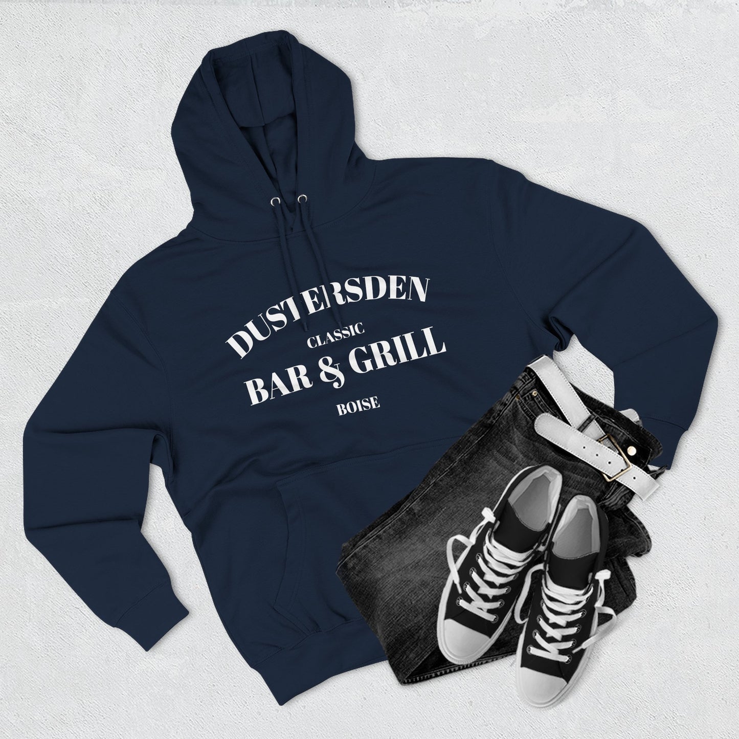 Dustersden Classic Bar and Grill Boise Hoodie — Minimal Logo Fleece Pullover