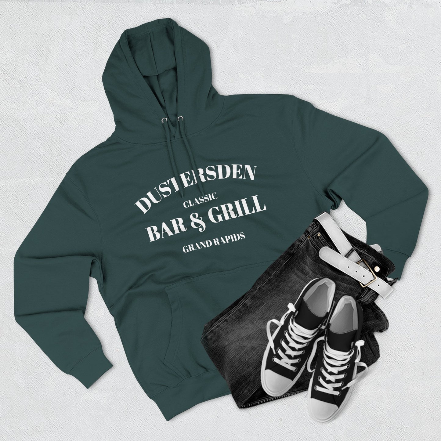 Dustersden Classic Bar and Grill Grand Rapids Hoodie — Minimal Logo Fleece Pullover