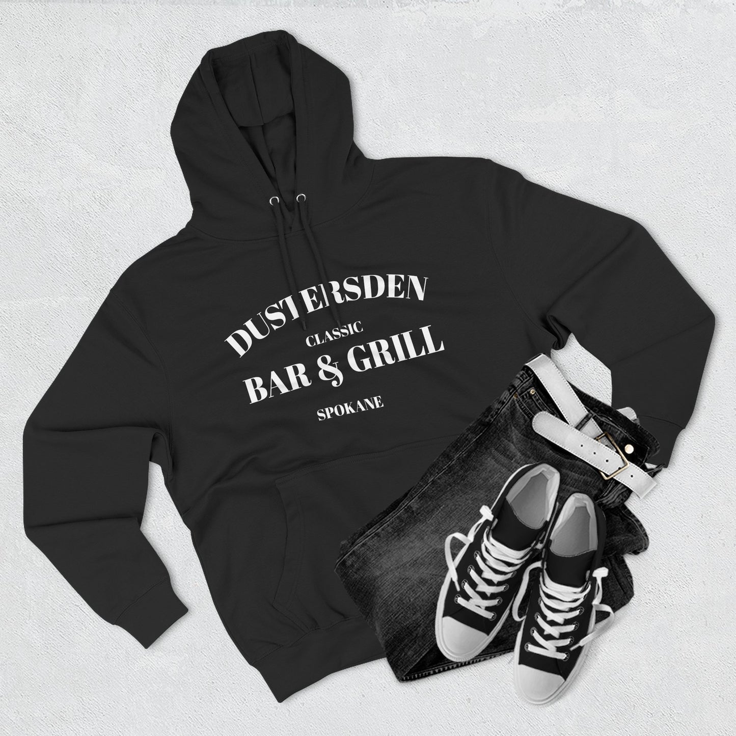 Dustersden Classic Bar and Grill Spokane Hoodie — Minimal Logo Fleece Pullover