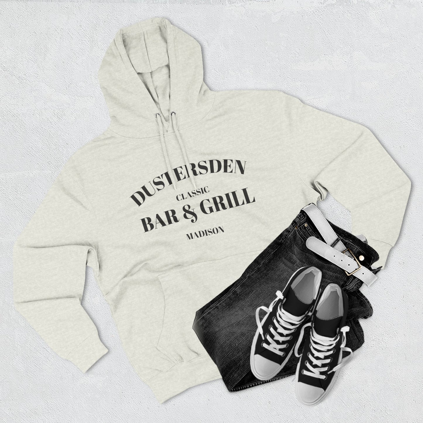 Dustersden Classic Bar and Grill Madison Hoodie — Minimal Logo Fleece Pullover