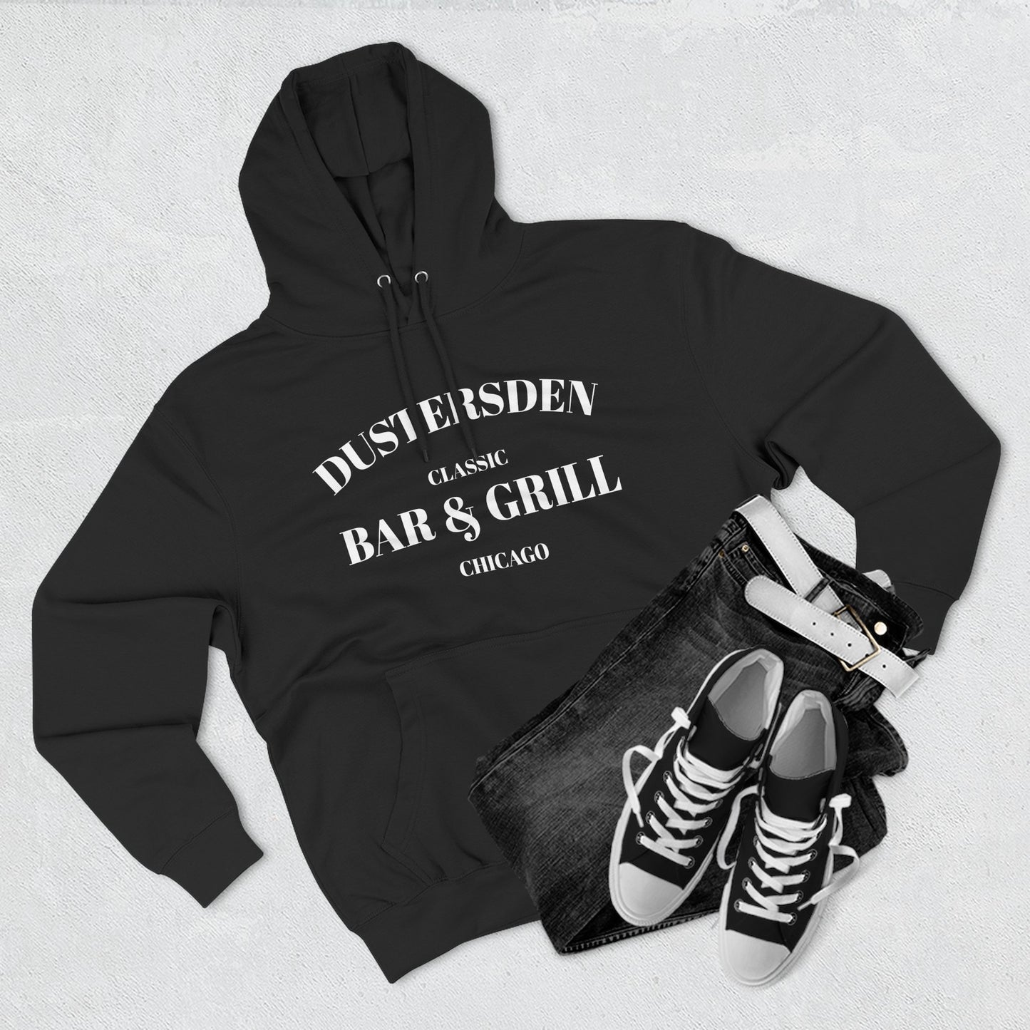 Dustersden Classic Bar and Grill Chicago Hoodie — Minimal Logo Fleece Pullover